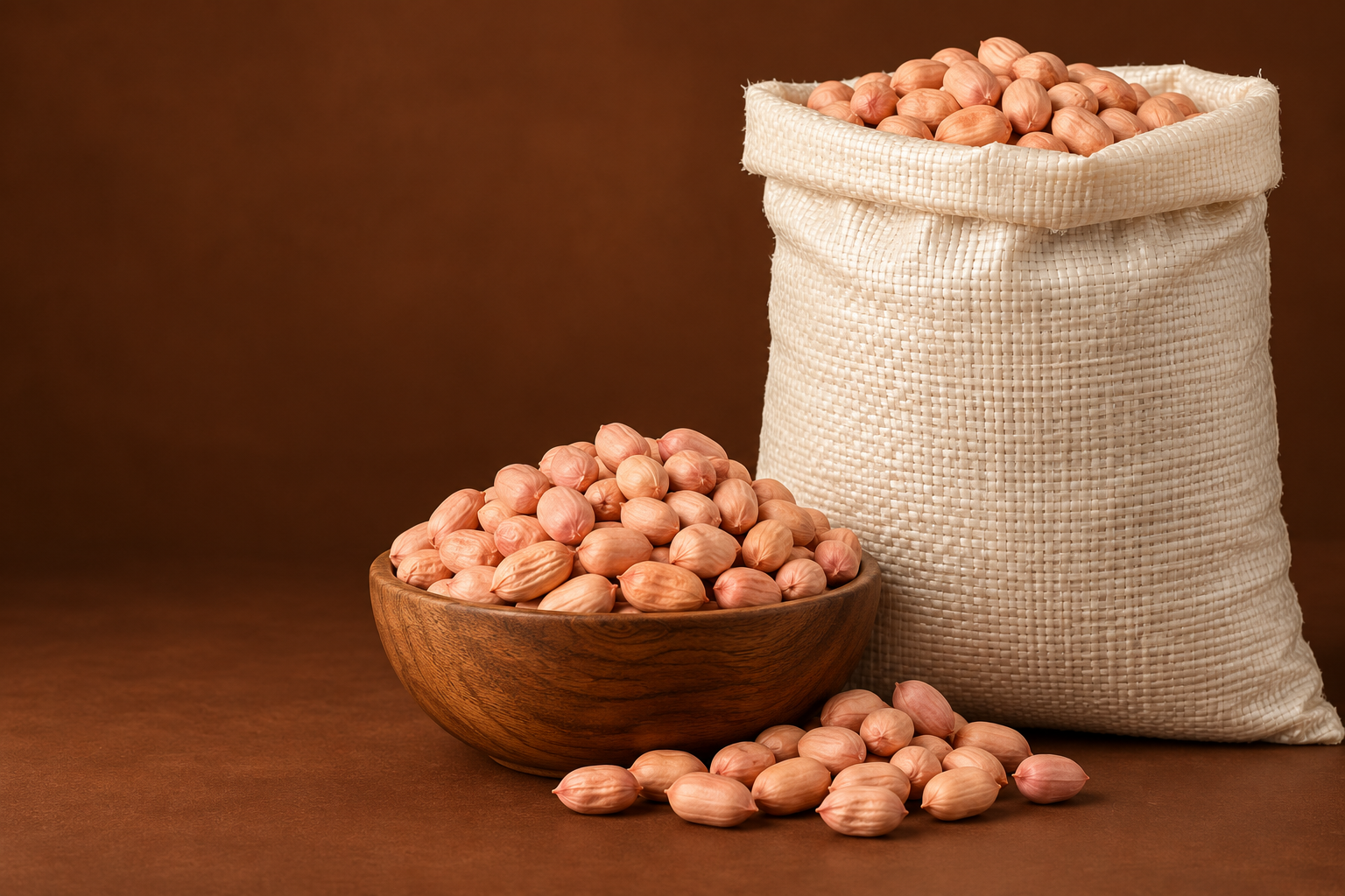 Light-pink groundnut kernels in a bowl beside a woven packaging sack