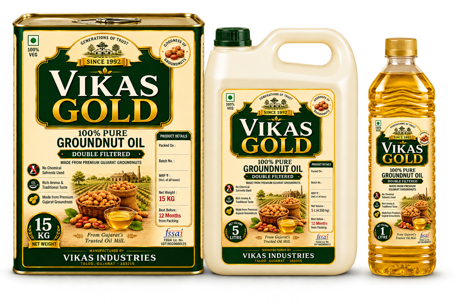 Vikas Gold groundnut oil in a tin can, jerry can and bottle